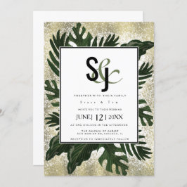 Invitación Monstera Tropical Faux Gold Splash Suite Boda