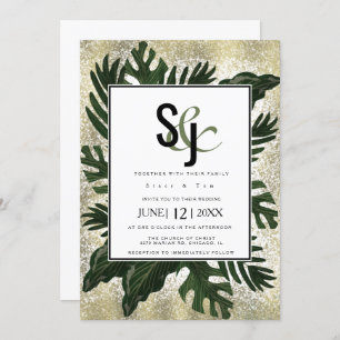 Invitación Monstera Tropical Faux Gold Splash Suite Boda