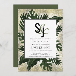 Invitación Monstera Tropical Faux Gold Splash Suite Boda