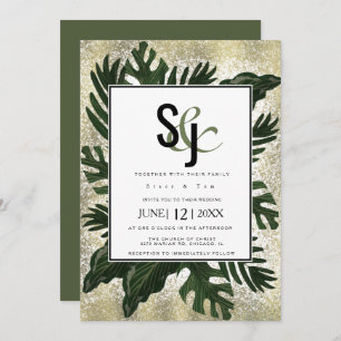 Invitación Monstera Tropical Faux Gold Splash Suite Boda