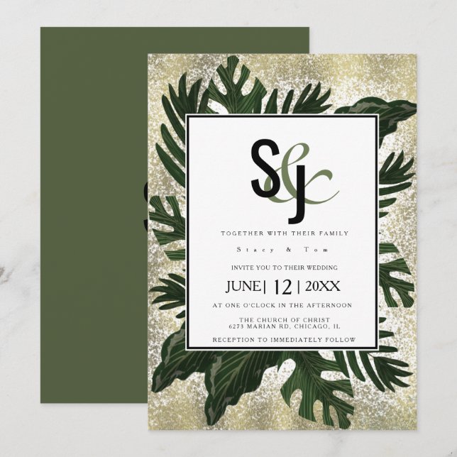 Invitación Monstera Tropical Faux Gold Splash Suite Boda (Anverso / Reverso)