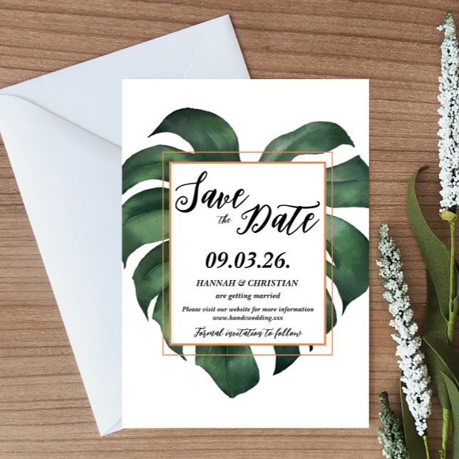 Invitación Monstera Tropical Palm Leaf Guardar fecha (Subido por el creador)