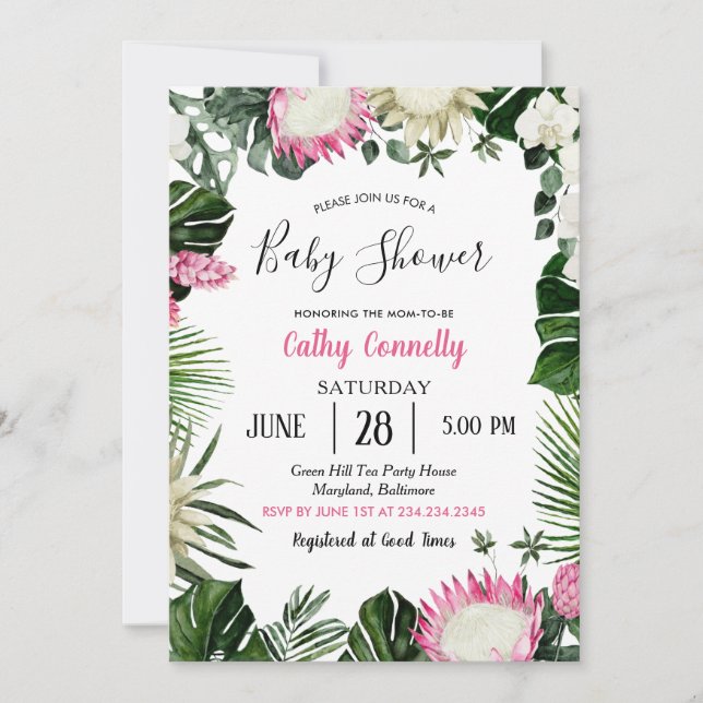 Invitación Monstera Tropical Protea Flor Rosa Baby Shower (Anverso)