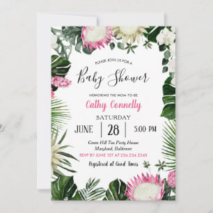 Invitación Monstera Tropical Protea Flor Rosa Baby Shower