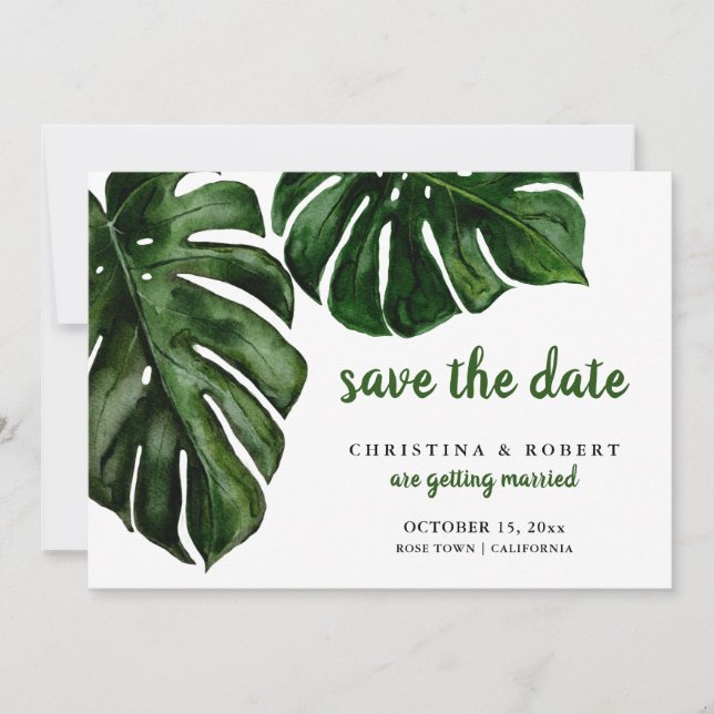 Invitación Monstera Tropical Watercolor Verde Guardar La Fech (Anverso)