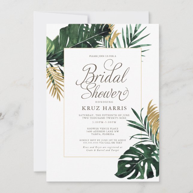 Invitación Monstera tropical y ducha de novias con hoja de or (Anverso)