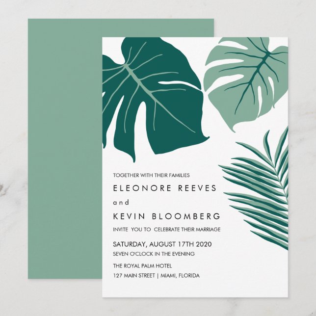Invitación Monstera | Verde | Boda de hojas tropicales (Anverso / Reverso)