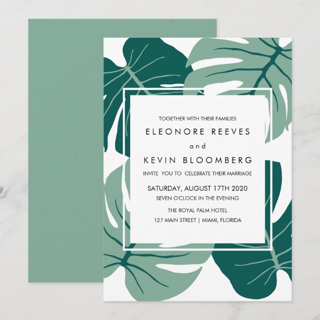 Invitación Monstera | Verde | Boda del marco de hojas tropica (Anverso / Reverso)