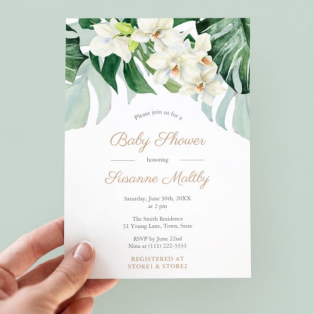 Invitación Monstera verde y bronce deja a Fiesta de Baby Show (Dark Green Watercolor Tropical Foliage Baby shower Invitations)