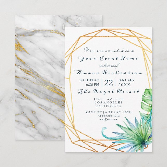Invitación Monstera White Tropic Marble Gold Birday Bridal (Anverso / Reverso)