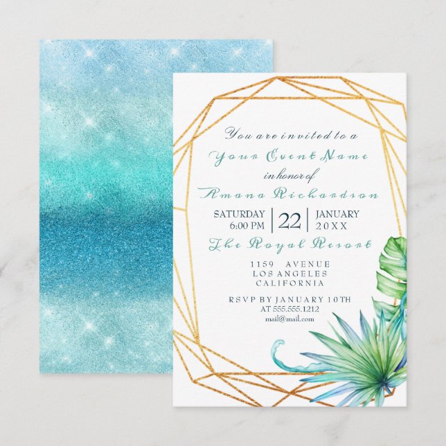 Invitación Monstera White Tropic Ocean Gold Bridal (Anverso / Reverso)