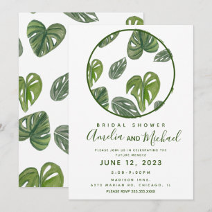Invitación Monstera y hoja de Adansonii acuarela a mano nupci