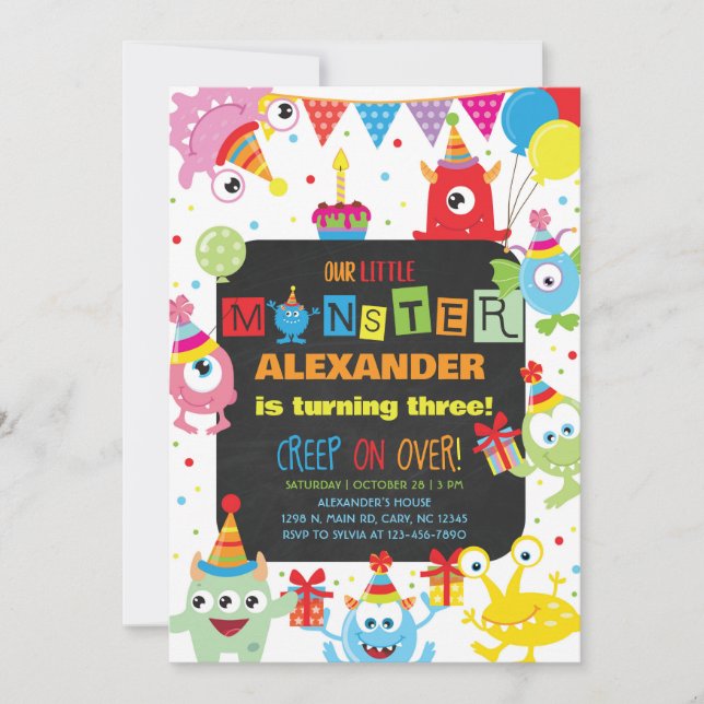 Invitación Monsters boy birthday invitation, any age. (Anverso)