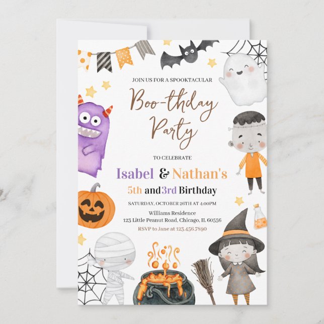 Invitación Monsters Halloween Doble Cumpleaños (Anverso)