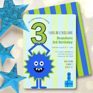 Invitación Monstruo azul niño de tercer cumpleaños divertido
