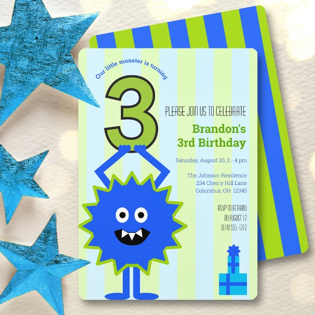Invitación Monstruo azul niño de tercer cumpleaños divertido (Subido por el creador)