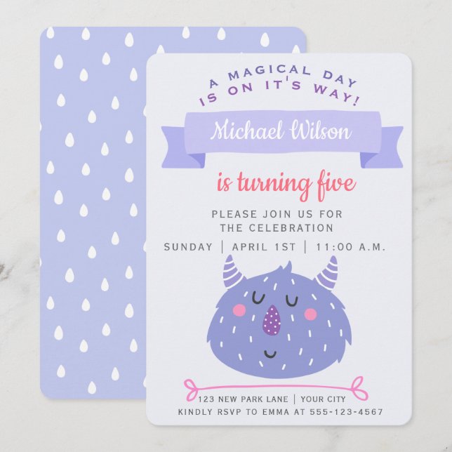 Invitación Monstruo Cute Purple | Cumpleaños de los niños (Anverso / Reverso)
