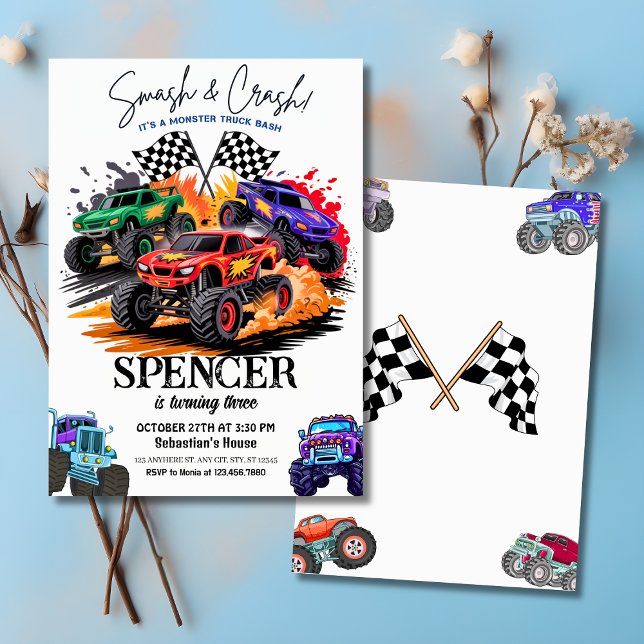 Invitación Monstruo de aplastamiento y choque Camión Bash 3 c (Smash & Crash Monster Truck Bash 3rd Birthday Invitation
)