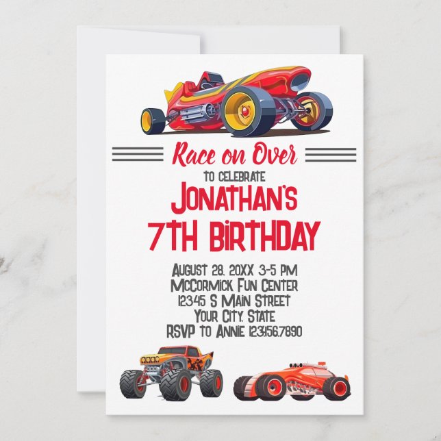 Invitación Monstruo de coches de carreras Carreras Cumpleaños (Anverso)