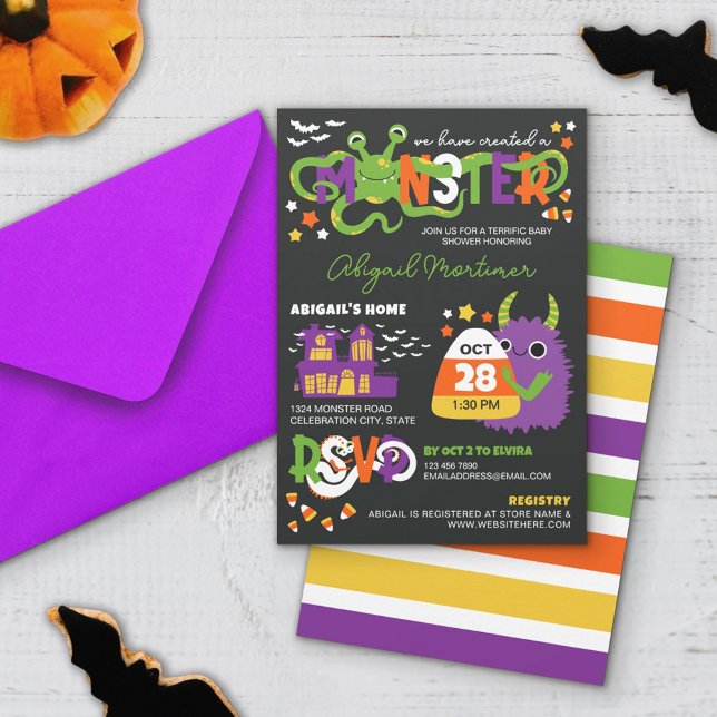 Invitación Monstruo Neutral Typografía Halloween Baby Shower (Subido por el creador)