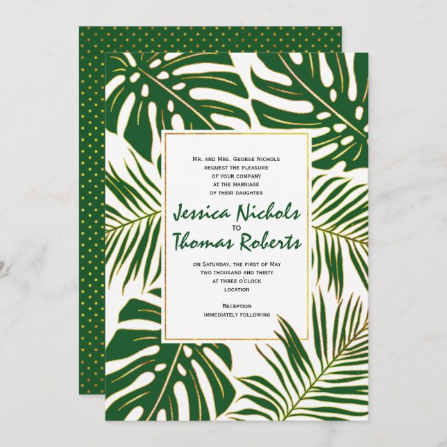 Invitación Monstruo tropical, hojas de palma boda de oro verd (Anverso / Reverso)