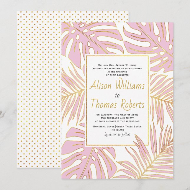 Invitación Monstruo tropical rosa y boda de hojas de palma (Anverso / Reverso)