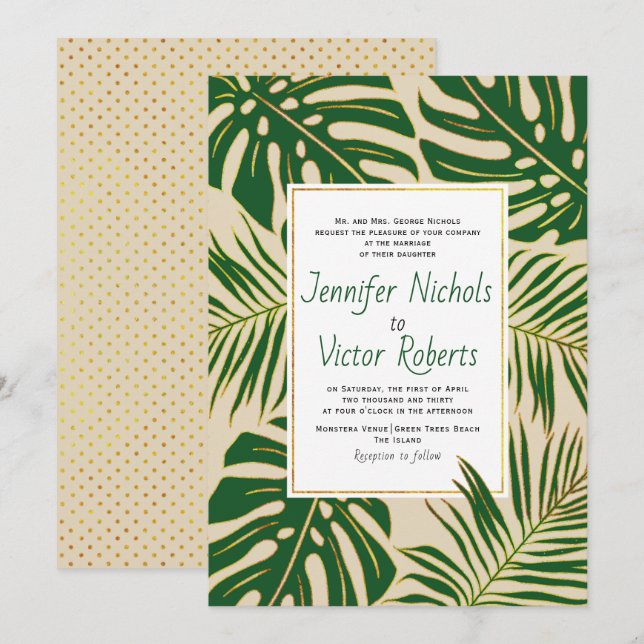 Invitación Monstruo tropical y boda beige de hojas de palma (Anverso / Reverso)