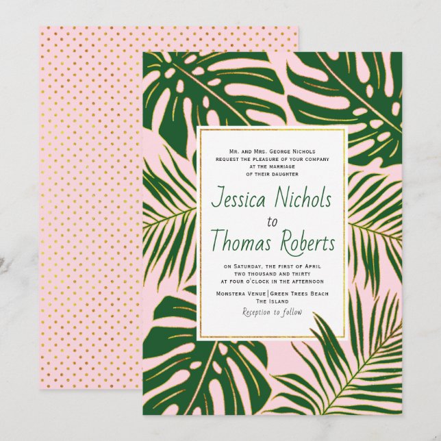 Invitación Monstruo tropical y boda rosa de hojas de palma (Anverso / Reverso)