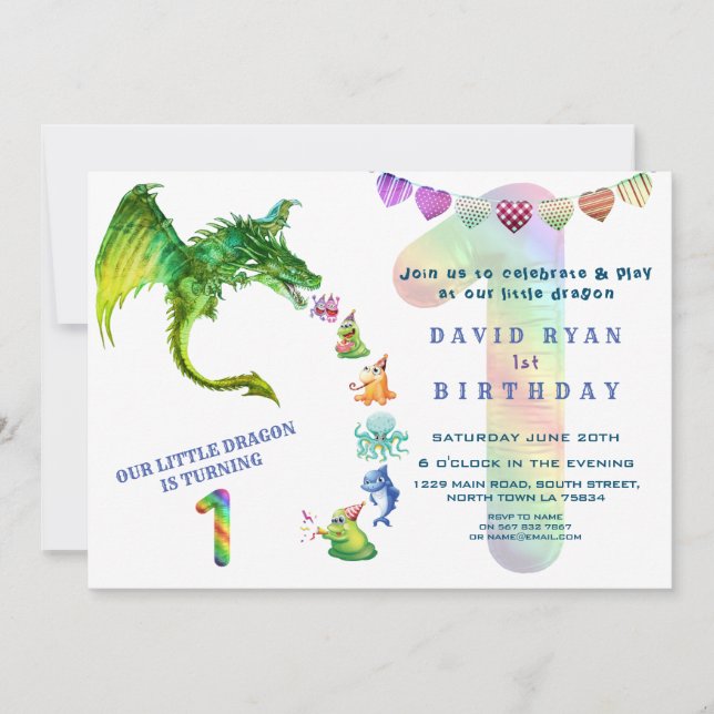 Invitación Monstruos de Dragón Cute Foto del Bebé Primer cump (Anverso)