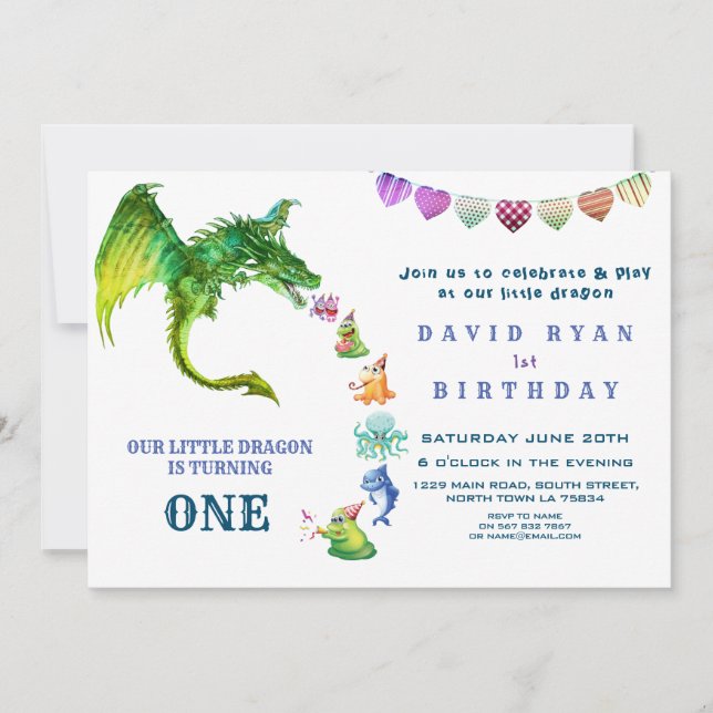Invitación Monstruos de Dragón Cute Foto Primer Cumpleaños (Anverso)