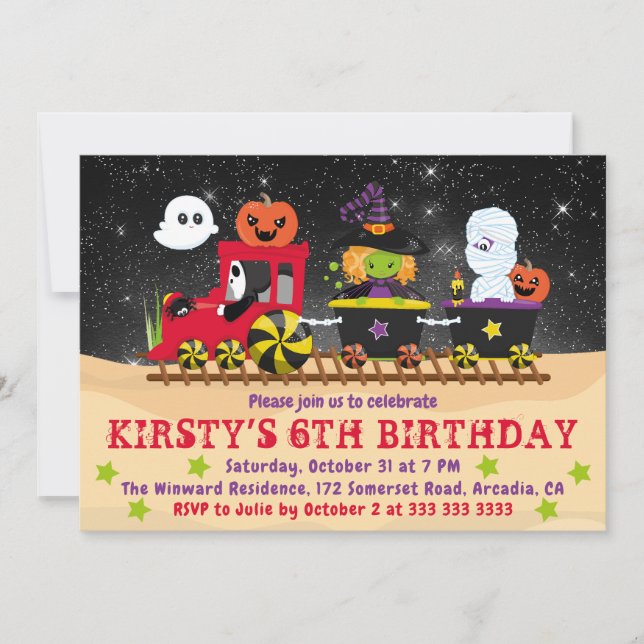 Invitación Monstruos de Halloween Monstruos Tren Cumpleaños (Anverso)