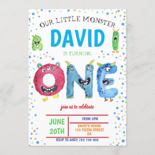 Invitación Monstruos del primer cumpleaños de niño pequeño