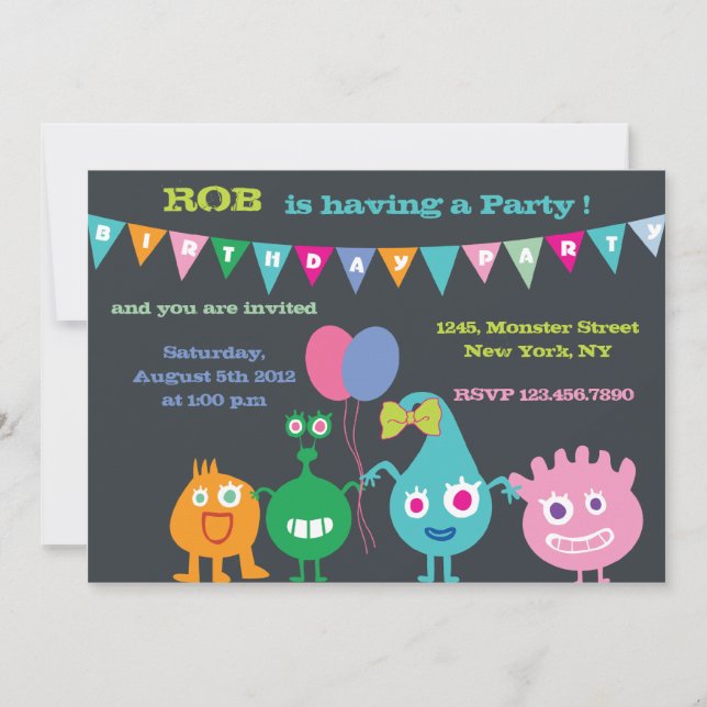 Invitación Monstruos felices - fiesta de cumpleaños (Anverso)
