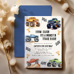 Invitación Monstruos modernos para niños fiesta de cumpleaños<br><div class="desc">¡Atención a los pequeños animales fiestas! Prepárate para redescubrir la diversión con nuestro 'BOOM, CLASH ITS A MONSTER TRUCK BASH' Birthday Kids Monster Car Trucks Invitation. Adornado con adorables y vibrantes camiones de autos monstruosos, este moderno guión de tipografía te invita a unirte a la celebración. ¡Vayamos al tercer año...</div>