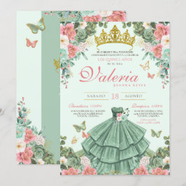 Invitación Monta verde y rosa elegante princesa Quinceañera