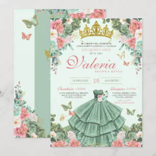 Invitación Monta verde y rosa elegante princesa Quinceañera