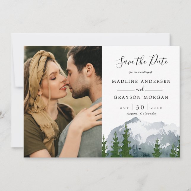 Invitación Montaña acuarela Pine Two Photo Save the Date (Anverso)