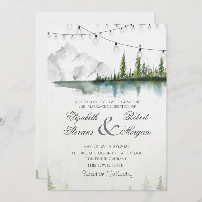 Invitación Montaña, bosque, lago, Boda de Moda de las luces d (Anverso / Reverso)