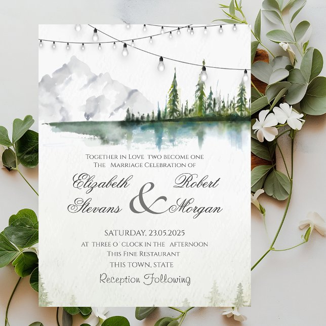 Invitación Montaña, Bosque, Lago, Luces de Cadenas Boda Chic (Subido por el creador)