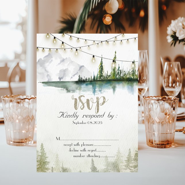 Invitación Montaña, Bosque, Lago, Luces de Cadenas RSVP (Subido por el creador)