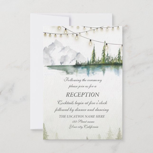 Invitación Montaña, Bosque, Lago, Luces Recepción de Bodas (Anverso)