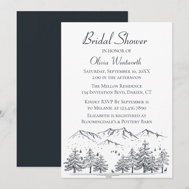 Invitación Montaña Bridal Ducha Árboles Naturales Gris Negro (Anverso / Reverso)
