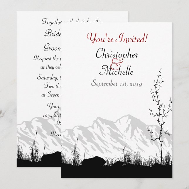 Invitación Montaña de la silueta Boda negro, blanco y rojo (Anverso / Reverso)