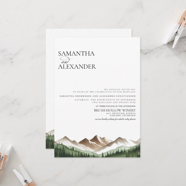 Invitación Montaña mínima W/ Boda de detalles (Anverso/Reverso In Situ)