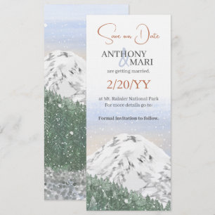 Invitación Montaña nevada, nieve que cae y bosque