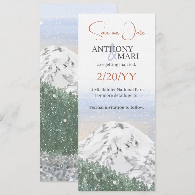 Invitación Montaña nevada, nieve que cae y bosque (Anverso / Reverso)