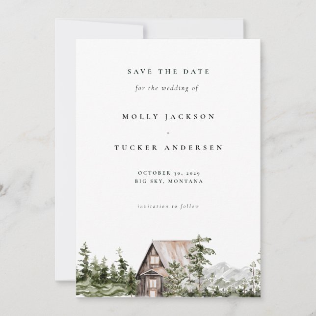 Invitación Montaña Pine Forest Cabin Photo Save the Date (Anverso)