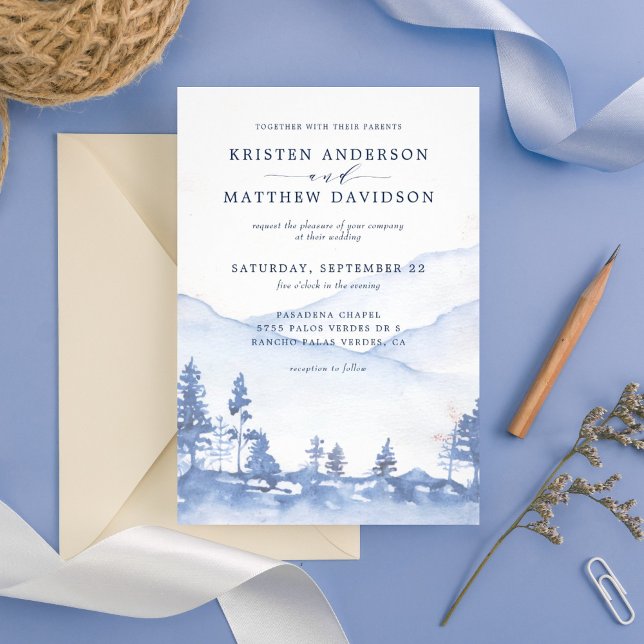 Invitación Montaña Rustica Woodland Watercolor Azul Boda (Watercolor woodland theme for a magical evening or an entire wedding weekend in the mountains.)