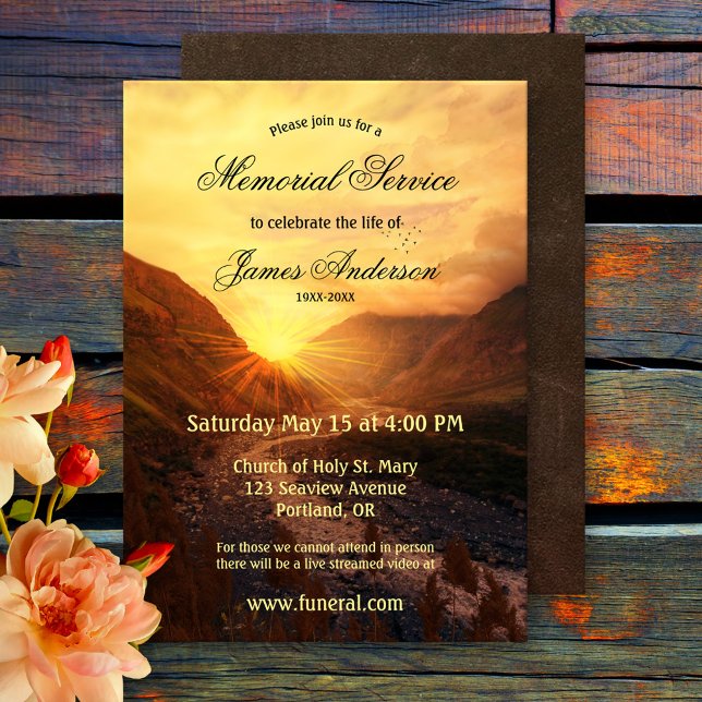 Invitación Montaña Sunset Funeral Memorial Service (Memorial, funeral service or celebration of life invitation featuring a sunset over the mountains)