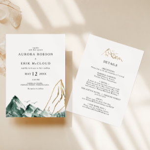 Invitación Montaña verde y dorada todo en un Boda